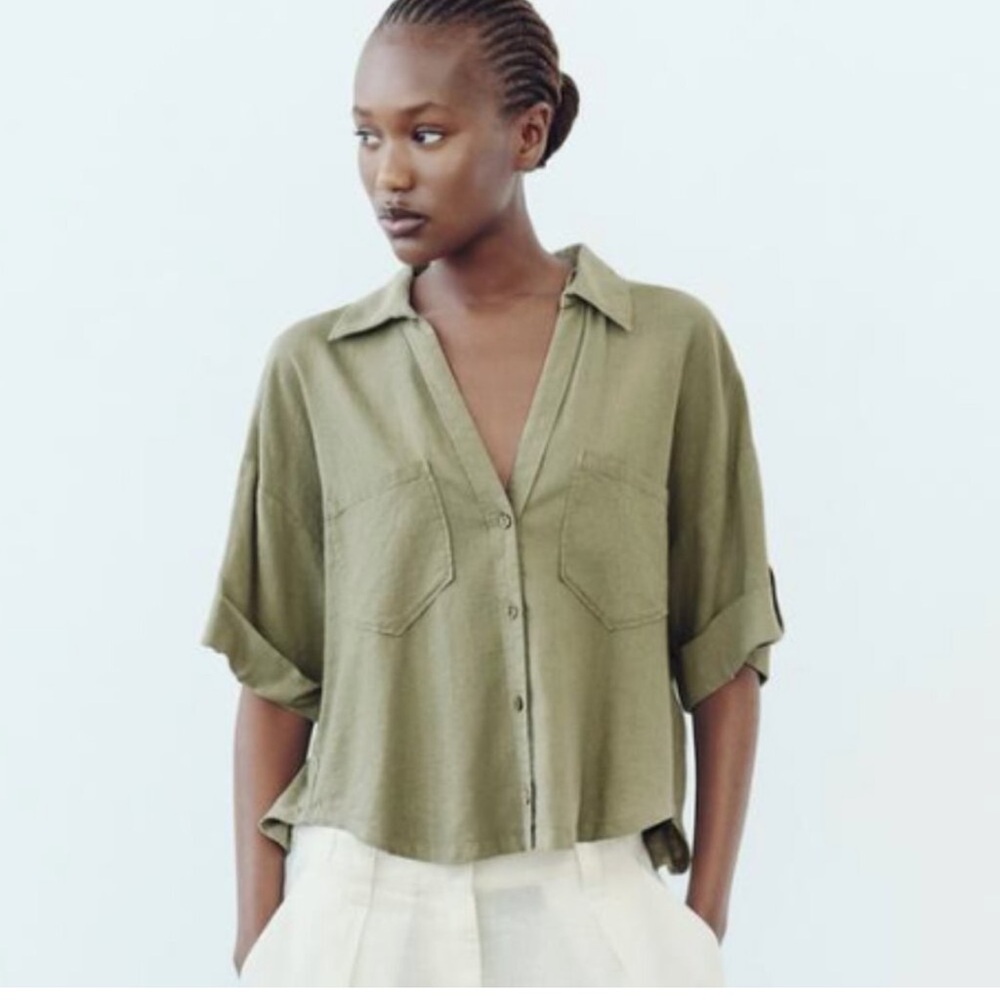 Zara Sage Green Short Sleeve Casual Shirt.